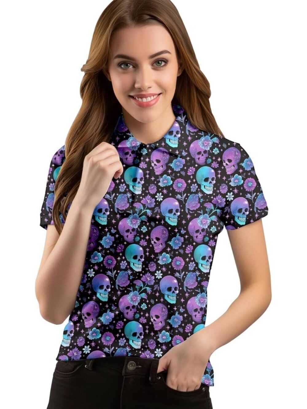 Women Skull Short Sleeve Quick Dry Tennis Shirts Athletic Yoga Tops Fit